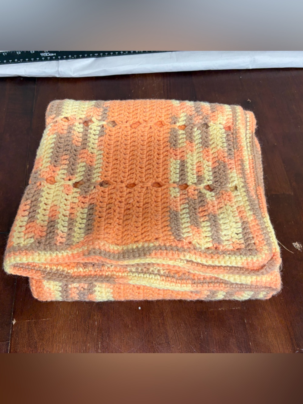 Vintage Handmade Afghan Crochet Orange Yellow Tan 35" x 50" Lap Throw Baby